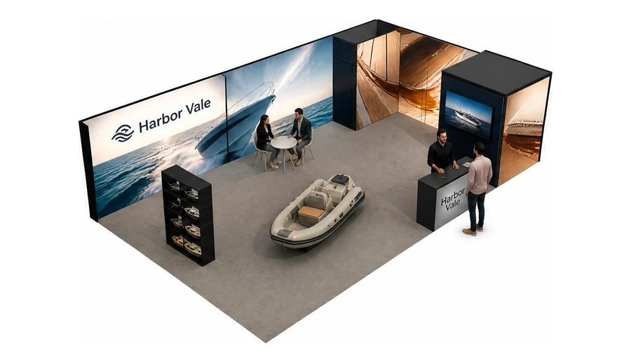 Stoisko 10 × 6 m narożne prawe dla branży jachty i łodzie, przykładowa marka Harbor Vale