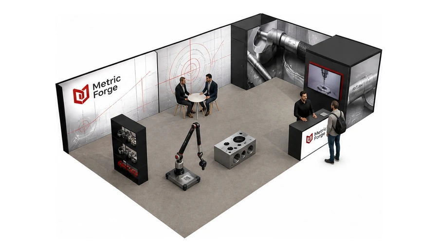 Stoisko 10 × 6 m narożne prawe dla branży technika pomiarowa, przykładowa marka Metric Forge