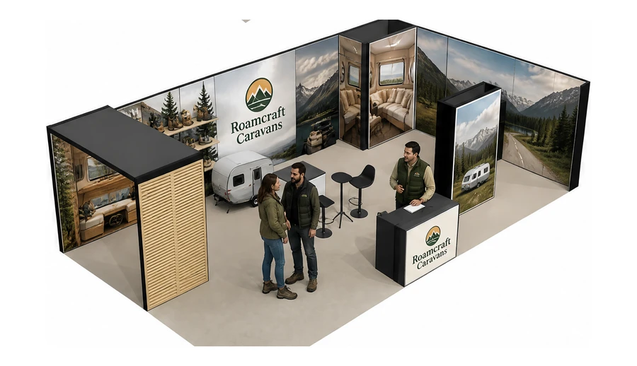 Stoisko 10 × 6 m narożne prawe dla branży caravaning i kampery, przykładowa marka Roamcraft Caravans