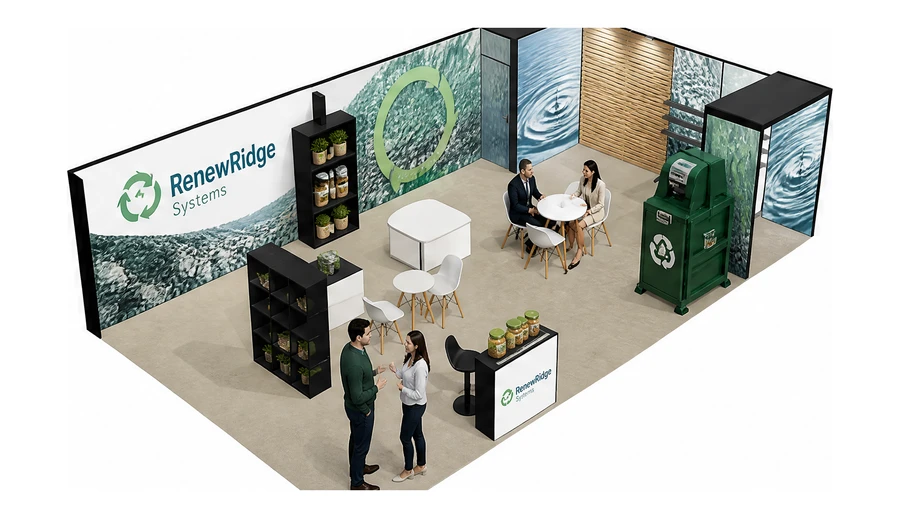 Stoisko 10 × 6 m narożne prawe dla branży recykling i ochrona środowiska, przykładowa marka RenewRidge Systems