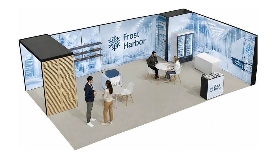 Stoisko 10 × 6 m narożne prawe dla branży łańcuch chłodniczy, przykładowa marka Frost Harbor