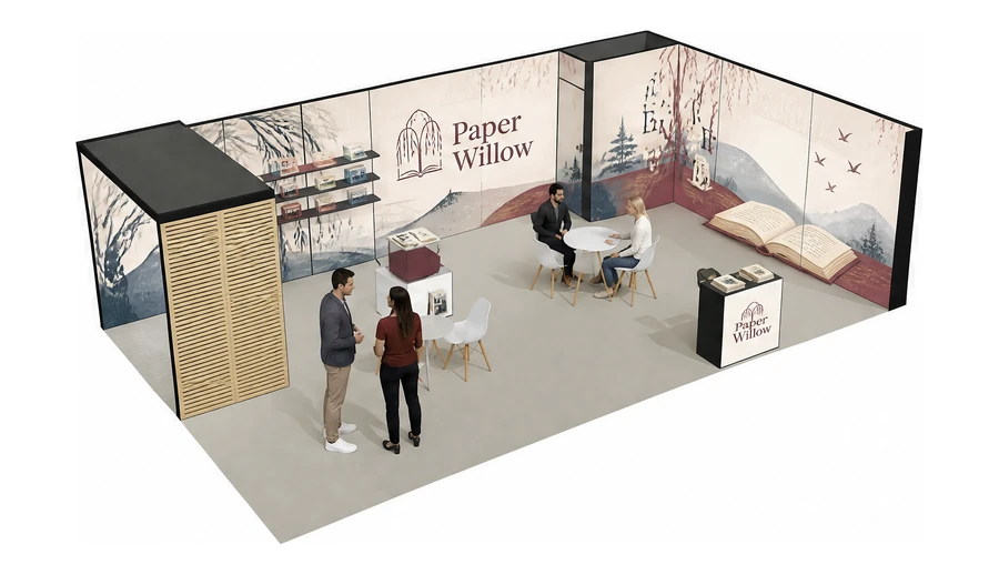 Stoisko 10 × 6 m narożne prawe dla branży wydawnictwa, przykładowa marka Paper Willow