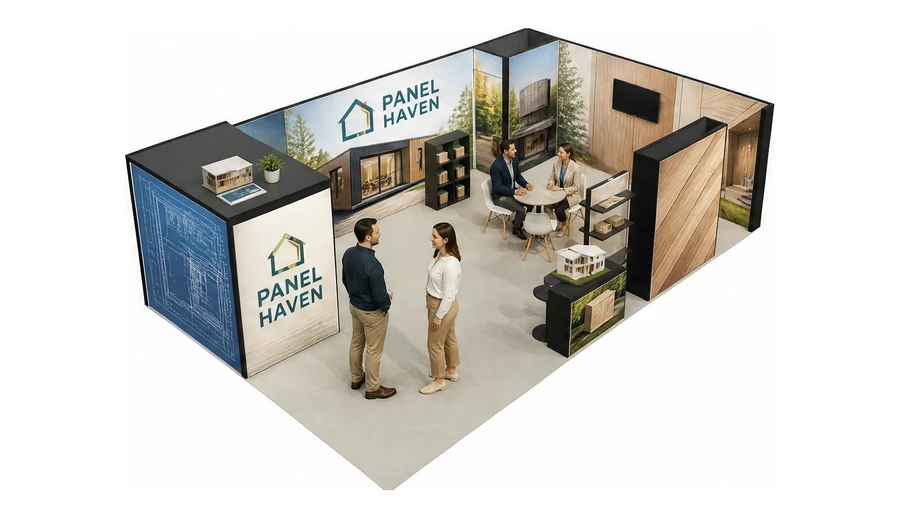 Stoisko 10 × 6 m narożne prawe dla branży domy modułowe i prefabrykacja, przykładowa marka Panel Haven