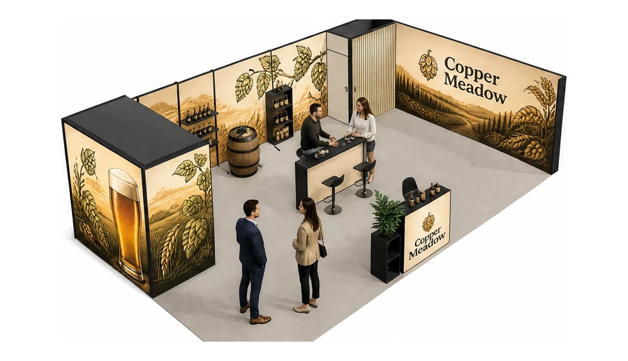 Stoisko 10 × 6 m narożne prawe dla branży browar rzemieślniczy, przykładowa marka Copper Meadow