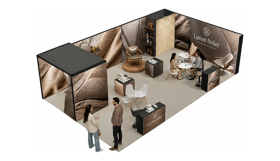 Stoisko 10 × 6 m narożne prawe dla branży meble designerskie, przykładowa marka Lumen Atelier