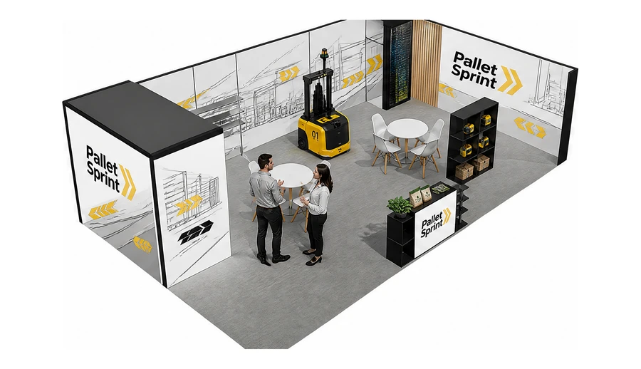 Stoisko 10 × 6 m narożne prawe dla branży intralogistyka i magazyn, przykładowa marka Pallet Sprint