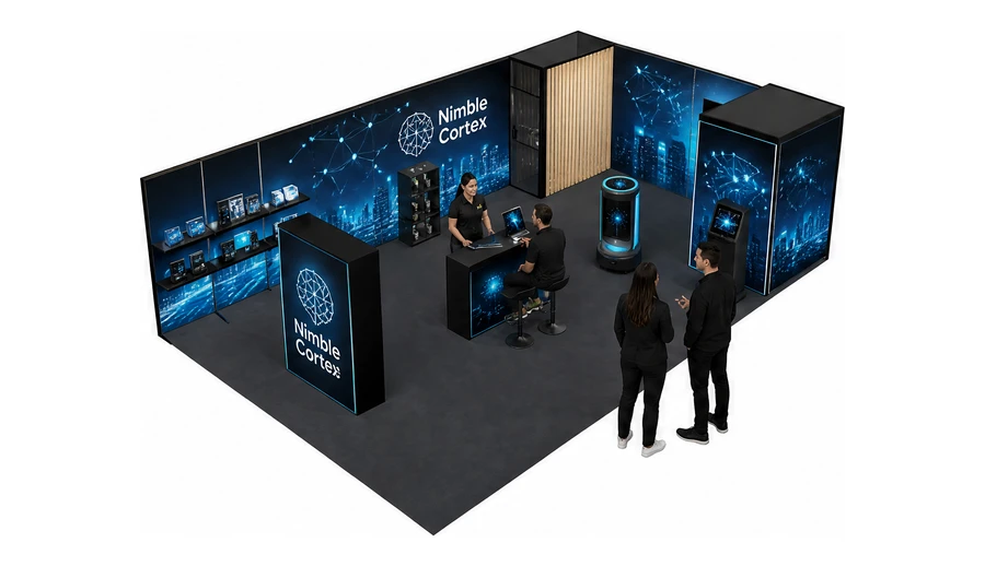 Stoisko 10 × 6 m narożne prawe dla branży sztuczna inteligencja i dane, przykładowa marka Nimble Cortex