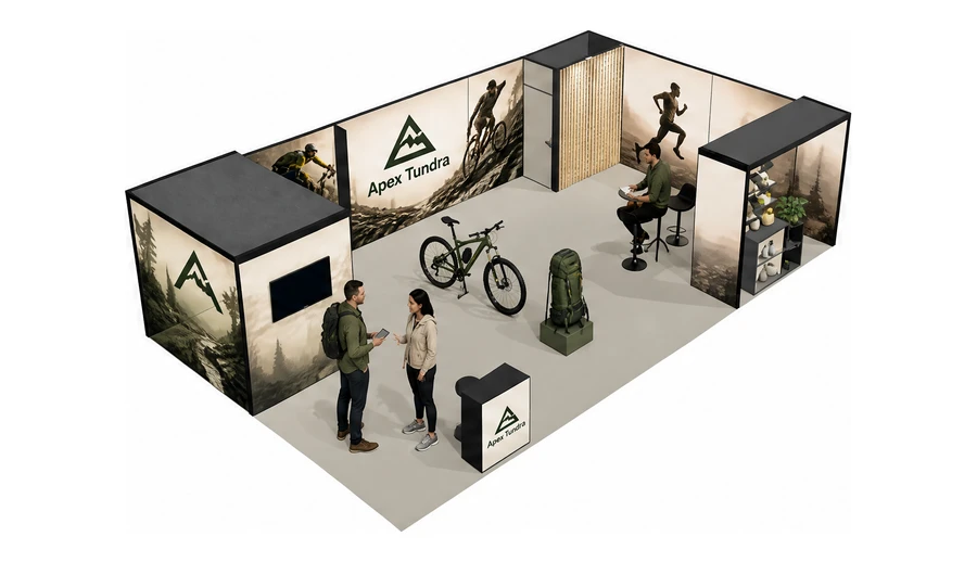 Stoisko 10 × 6 m narożne prawe dla branży sprzęt sportowy, przykładowa marka Apex Tundra