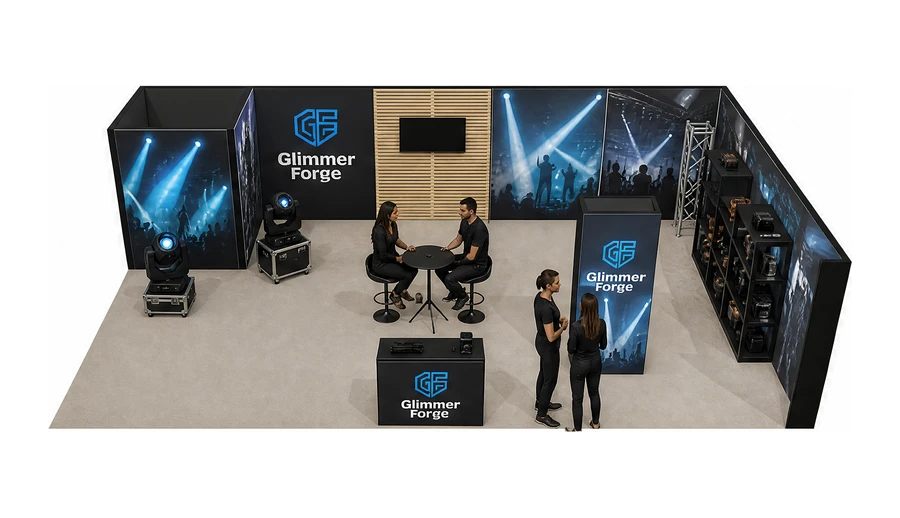 Stoisko 10 × 6 m narożne prawe dla branży branża eventowa, przykładowa marka Glimmer Forge