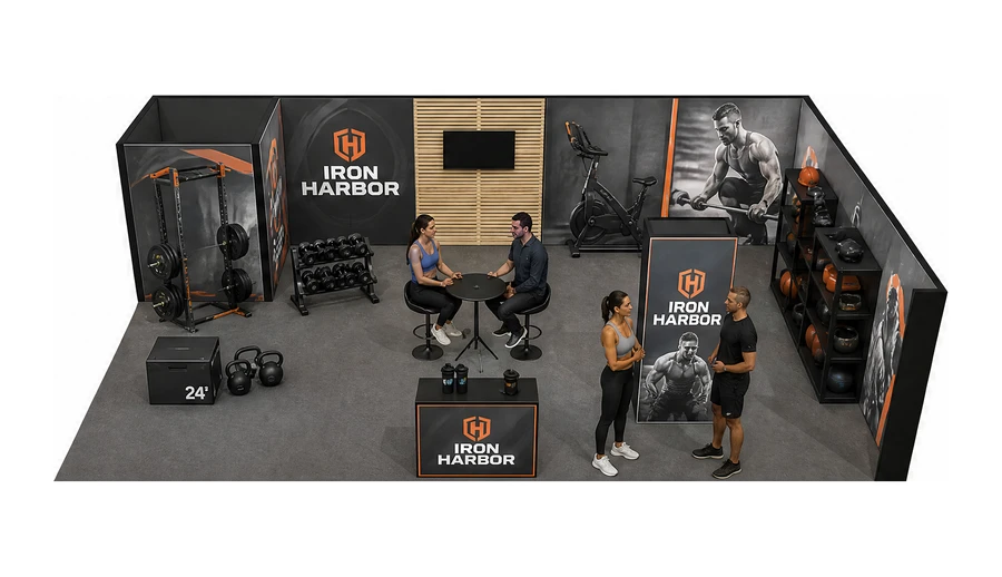 Stoisko 10 × 6 m narożne prawe dla branży fitness i siłownie, przykładowa marka Iron Harbor