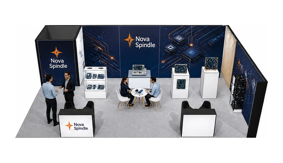 Stoisko 10 × 6 m narożne prawe dla branży komponenty elektroniczne, przykładowa marka Nova Spindle
