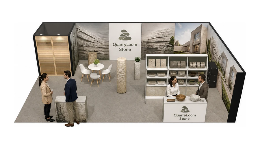 Stoisko 10 × 6 m narożne prawe dla branży kamień i kamieniarstwo, przykładowa marka QuarryLoom Stone
