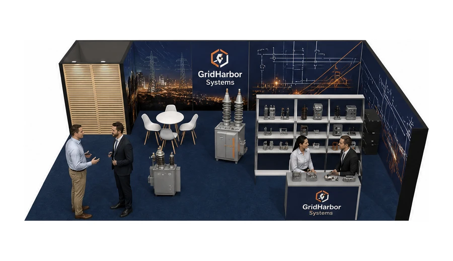 Stoisko 10 × 6 m narożne prawe dla branży energetyka i sieci, przykładowa marka GridHarbor Systems