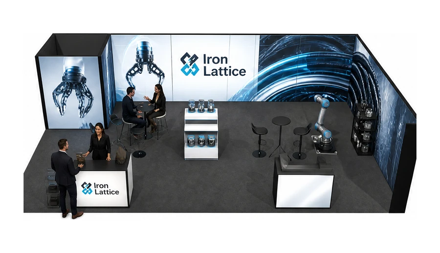 Stoisko 10 × 6 m narożne prawe dla branży automatyka przemysłowa, przykładowa marka Iron Lattice