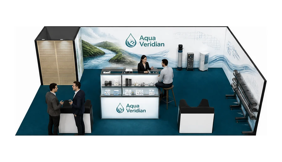 Stoisko 10 × 6 m narożne prawe dla branży technologie wodne, przykładowa marka Aqua Veridian