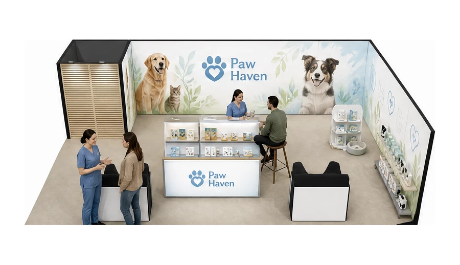 Stoisko 10 × 6 m narożne prawe dla branży weterynaria, przykładowa marka Paw Haven