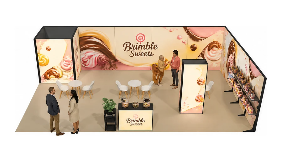 Stoisko 10 × 6 m narożne prawe dla branży słodycze i przekąski, przykładowa marka Brimble Sweets