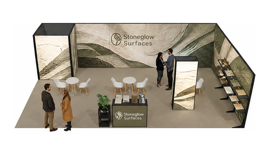 Stoisko 10 × 6 m narożne prawe dla branży wykończenie wnętrz, przykładowa marka Stoneglow Surfaces