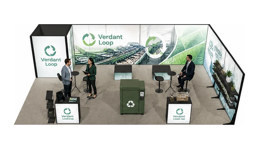 Stoisko 10 × 6 m narożne prawe dla branży recykling i ochrona środowiska, przykładowa marka Verdant Loop