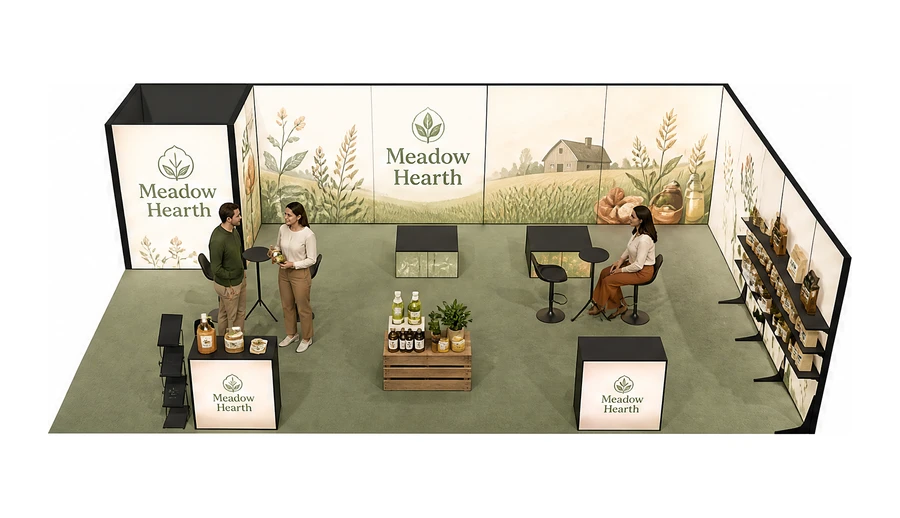 Stoisko 10 × 6 m narożne prawe dla branży żywność ekologiczna, przykładowa marka Meadow Hearth