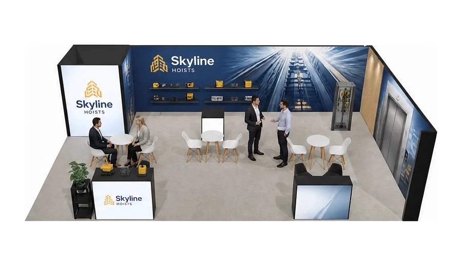 Stoisko 10 × 6 m narożne prawe dla branży dźwigi i windy, przykładowa marka Skyline Hoists