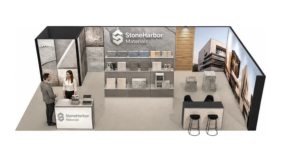 Stoisko 10 × 6 m narożne prawe dla branży materiały budowlane, przykładowa marka StoneHarbor Materials