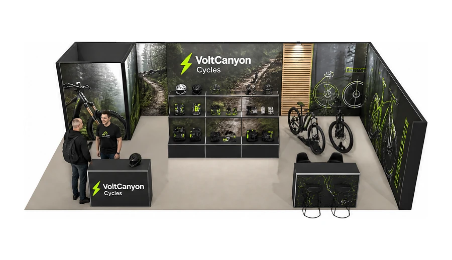 Stoisko 10 × 6 m narożne prawe dla branży rowery elektryczne, przykładowa marka VoltCanyon Cycles
