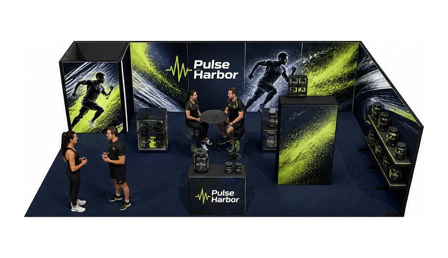 Stoisko 10 × 6 m narożne prawe dla branży suplementy diety, przykładowa marka Pulse Harbor