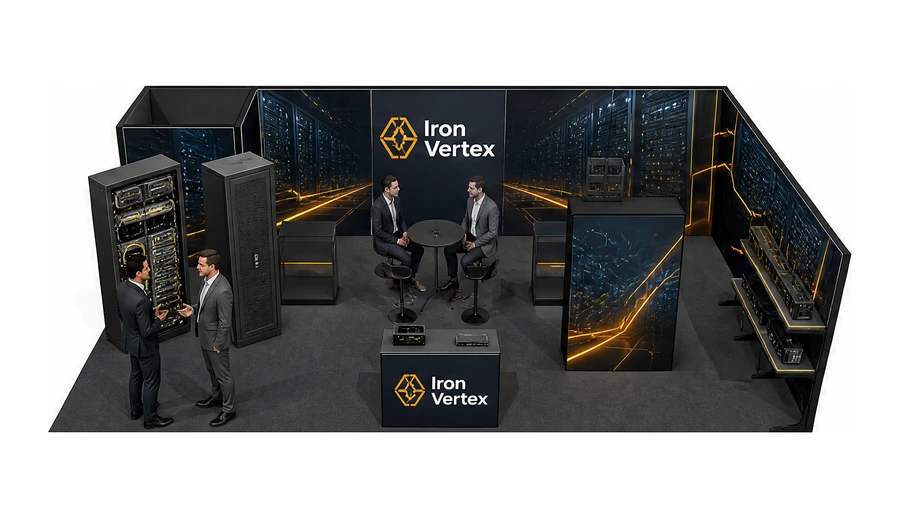 Stoisko 10 × 6 m narożne prawe dla branży infrastruktura IT i data center, przykładowa marka Iron Vertex