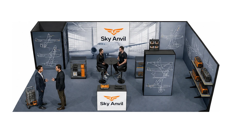 Stoisko 10 × 6 m narożne prawe dla branży lotnictwo, przykładowa marka Sky Anvil