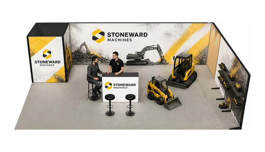 Stoisko 10 × 6 m narożne prawe dla branży maszyny budowlane, przykładowa marka Stoneward Machines