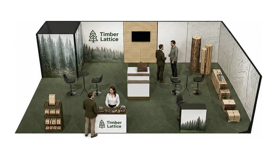 Stoisko 10 × 6 m narożne prawe dla branży leśnictwo i przemysł drzewny, przykładowa marka Timber Lattice