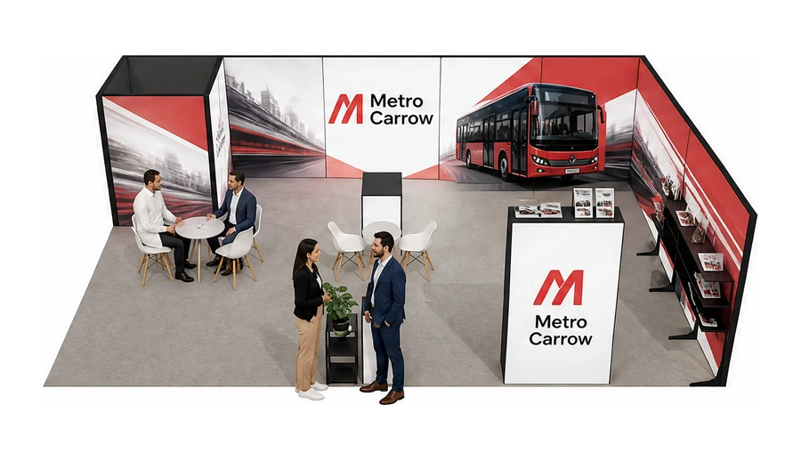 Stoisko 10 × 6 m narożne prawe dla branży autobusy i transport zbiorowy, przykładowa marka Metro Carrow