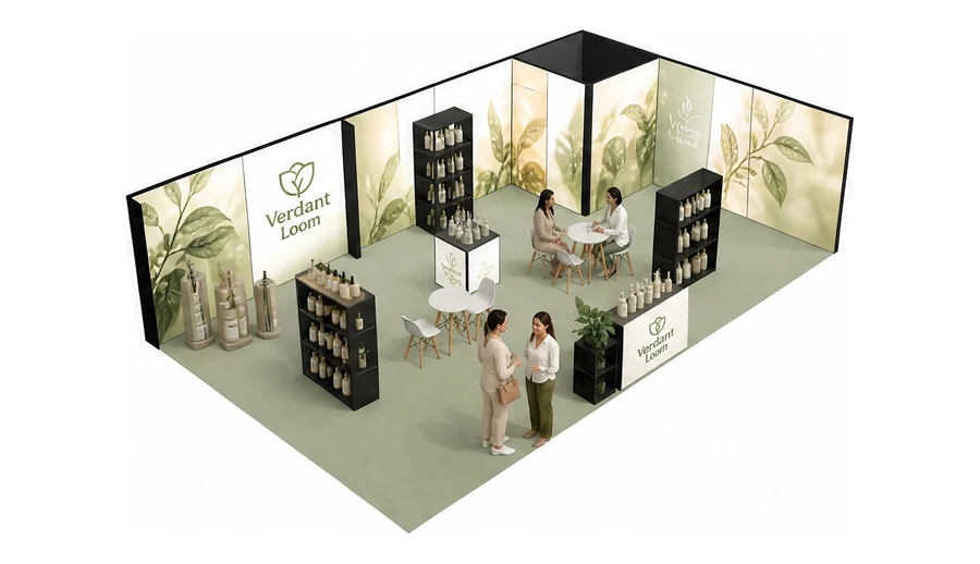 Stoisko 10 × 6 m narożne prawe dla branży kosmetyki naturalne, przykładowa marka Verdant Loom
