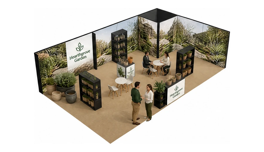Stoisko 10 × 6 m narożne prawe dla branży ogród i architektura krajobrazu, przykładowa marka Hearthgrove Garden