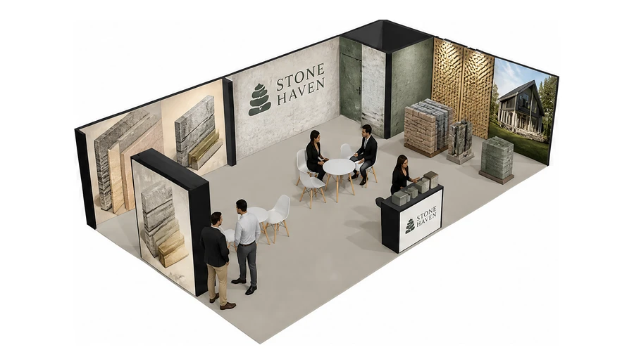 Stoisko 10 × 6 m narożne prawe dla branży materiały budowlane, przykładowa marka Stone Haven