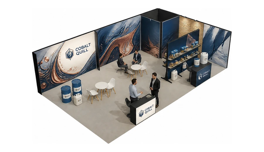Stoisko 10 × 6 m narożne prawe dla branży chemia przemysłowa i powłoki, przykładowa marka Cobalt Quill