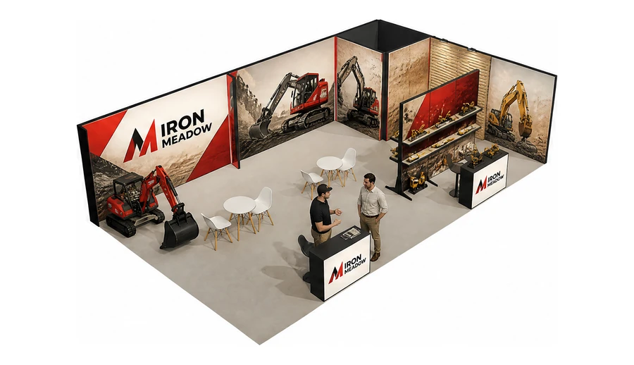 Stoisko 10 × 6 m narożne prawe dla branży maszyny budowlane, przykładowa marka Iron Meadow