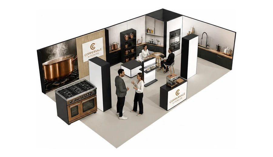 Stoisko 10 × 6 m narożne prawe dla branży sprzęt kuchenny i AGD, przykładowa marka Coppervale Kitchens