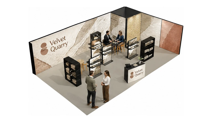 Stoisko 10 × 6 m narożne prawe dla branży wykończenie wnętrz, przykładowa marka Velvet Quarry