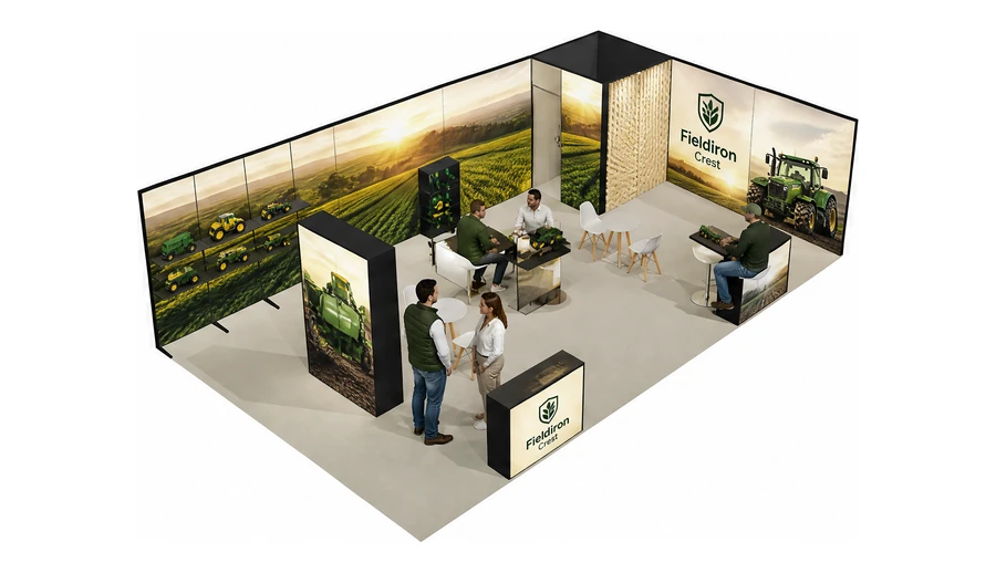Stoisko 10 × 6 m narożne prawe dla branży maszyny rolnicze, przykładowa marka Fieldiron Crest
