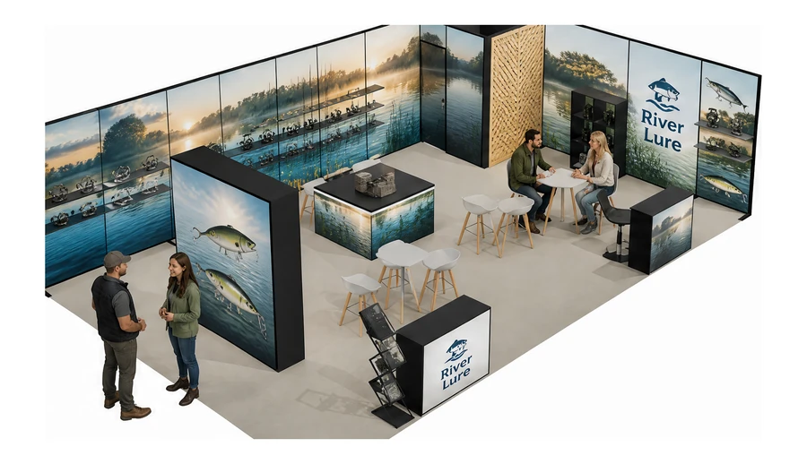 Stoisko 10 × 6 m narożne prawe dla branży wędkarstwo, przykładowa marka River Lure