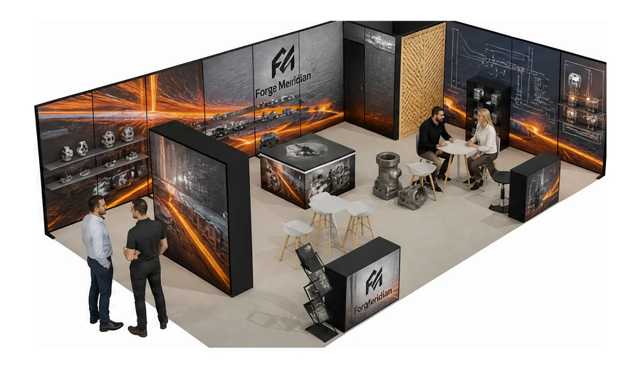 Stoisko 10 × 6 m narożne prawe dla branży obróbka metali i odlewnictwo, przykładowa marka Forge Meridian