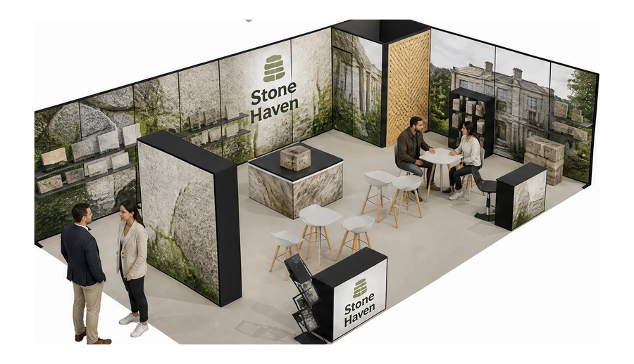 Stoisko 10 × 6 m narożne prawe dla branży kamień i kamieniarstwo, przykładowa marka Stone Haven