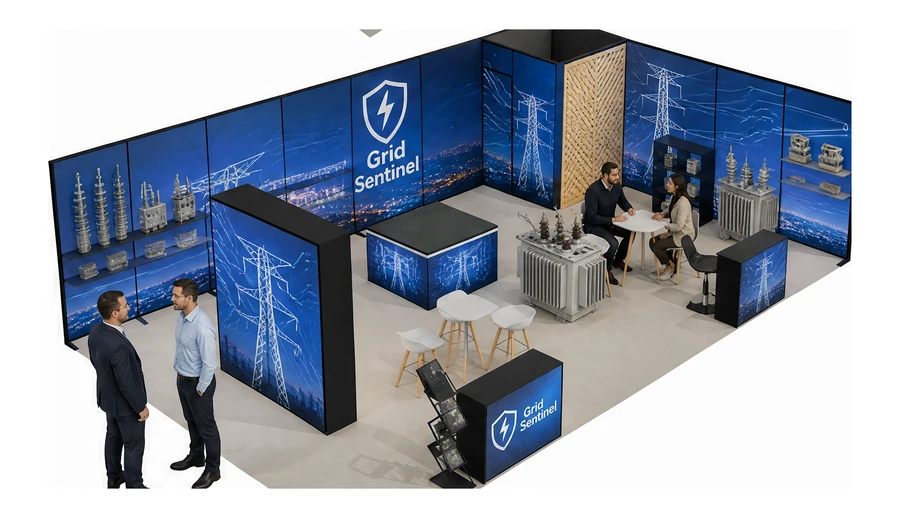Stoisko 10 × 6 m narożne prawe dla branży energetyka i sieci, przykładowa marka Grid Sentinel