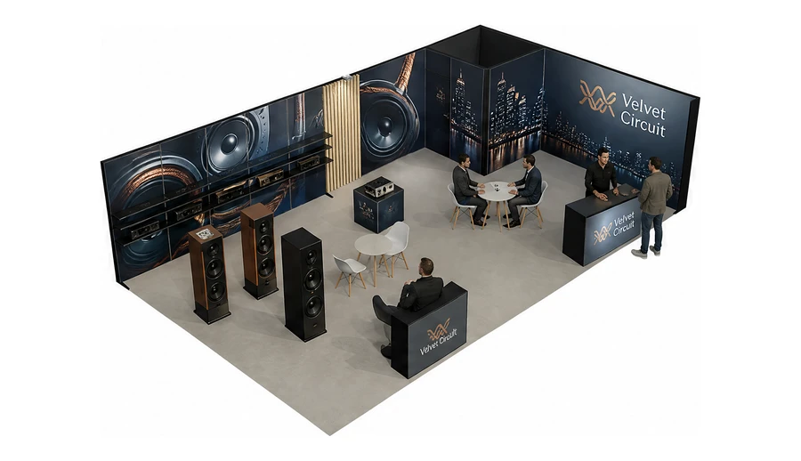 Stoisko 10 × 6 m narożne prawe dla branży sprzęt audio-video, przykładowa marka Velvet Circuit