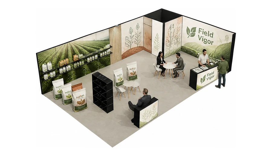 Stoisko 10 × 6 m narożne prawe dla branży nawozy i ochrona roślin, przykładowa marka Field Vigor