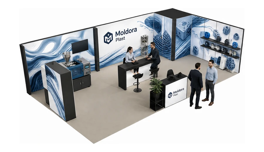 Stoisko 10 × 6 m narożne prawe dla branży przetwórstwo tworzyw, przykładowa marka Moldora Plast