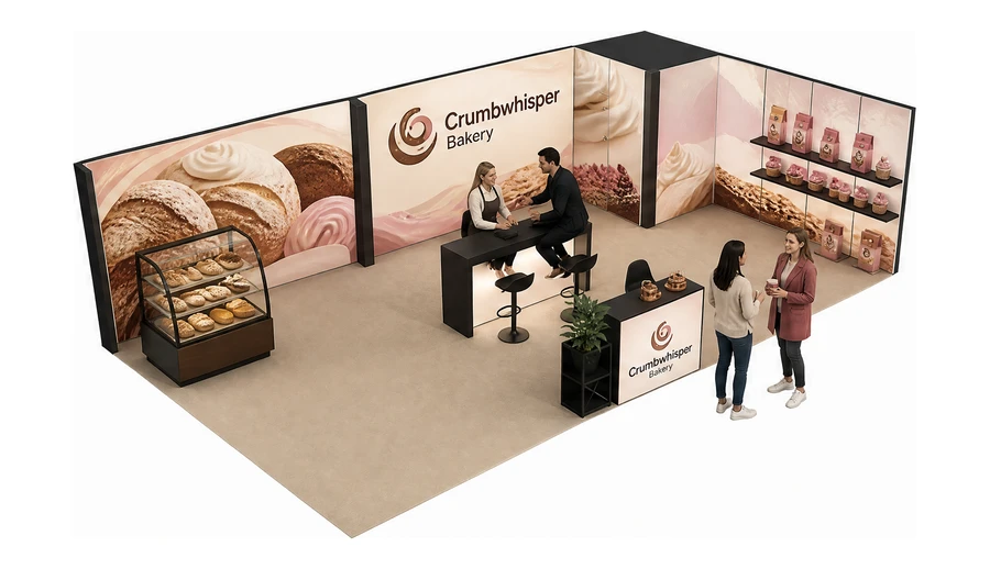 Stoisko 10 × 6 m narożne prawe dla branży piekarnictwo i cukiernictwo, przykładowa marka Crumbwhisper Bakery