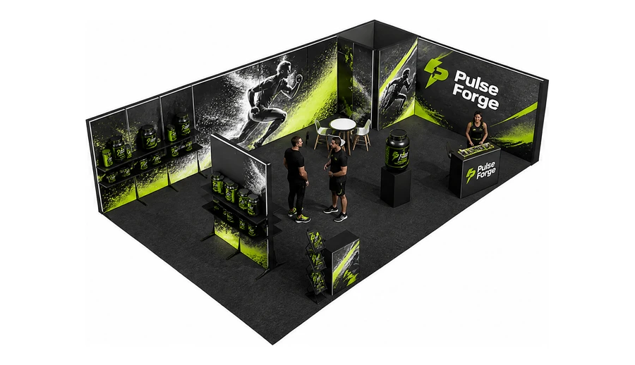Stoisko 10 × 6 m narożne prawe dla branży suplementy diety, przykładowa marka Pulse Forge